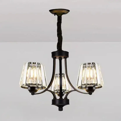 Black wrought iron DecorBites led pendant chandelier with three crystal-encased light fixtures for modern dining room lighting