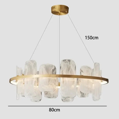 DecorBites led pendant light chandelier with gold-toned circular frame and translucent glass pieces for modern rooms
