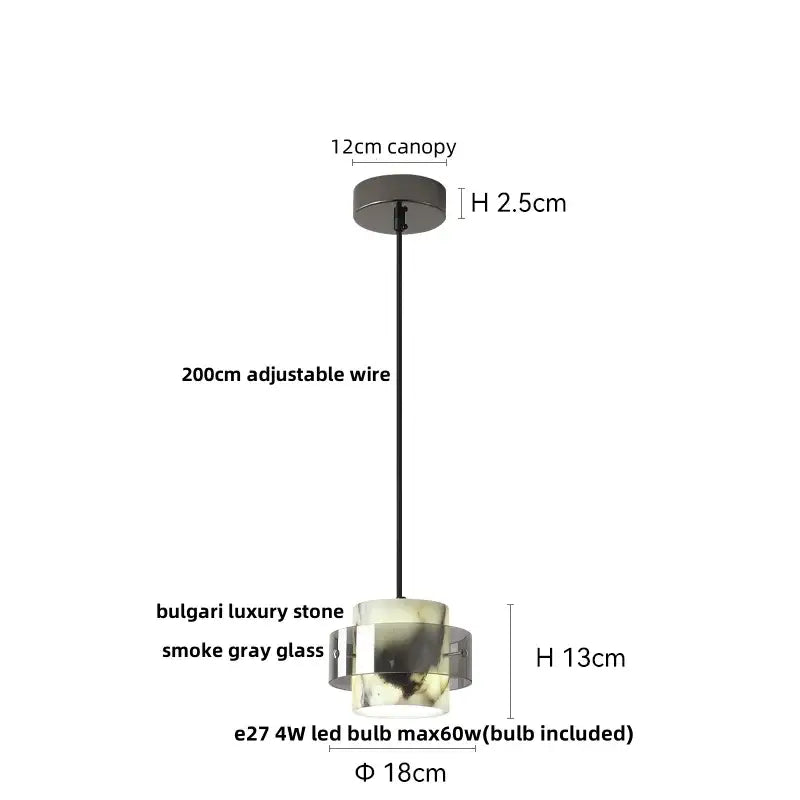 Bulgari luxury stone smoke gray glass pendant light fixture with 200cm adjustable wire and e27 led bulb by DecorBites