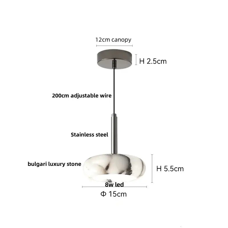 Modern minimalist pendant light fixture featuring a sleek stainless steel canopy and bulgari luxury stone oval shade