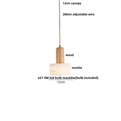 Minimalist decorbites™ pendant light fixture with natural wood canopy, sleek marble disc base, and 4w led bulb included
