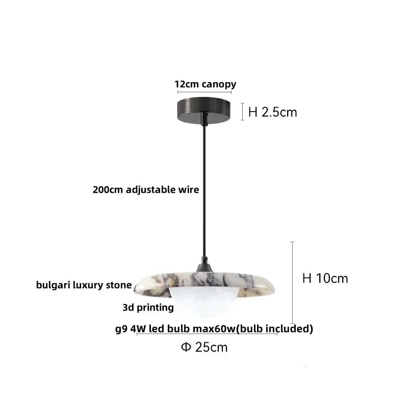 Decorbites™ led pendant light fixture featuring a black canopy and marble-patterned luxury stone shade with white base