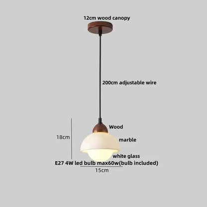Decorbites™ led pendant light fixture with warm-toned white glass shade, wood and marble canopy, and adjustable black wire