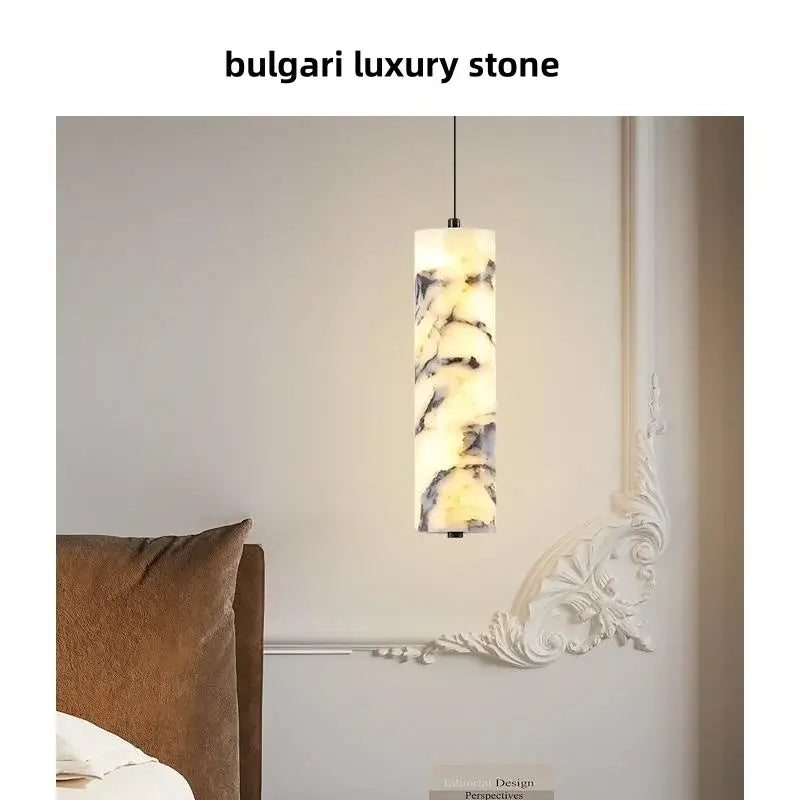 Decorbites™ led pendant light fixture with polished white and gray luxury stone on a black cord suspension