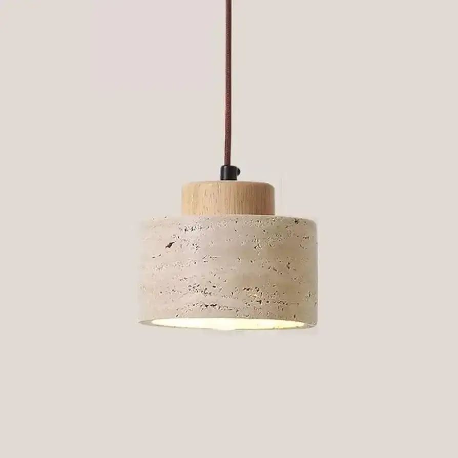 Minimalist decorbites pendant light fixture with textured beige concrete shade and natural wood canopy suspended by fabric cord