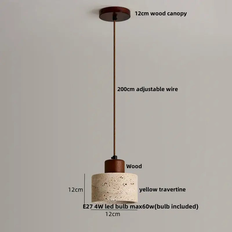DecorBites™ pendant light fixture with yellow 12cm travertine shade and wood canopy suspended by adjustable wire
