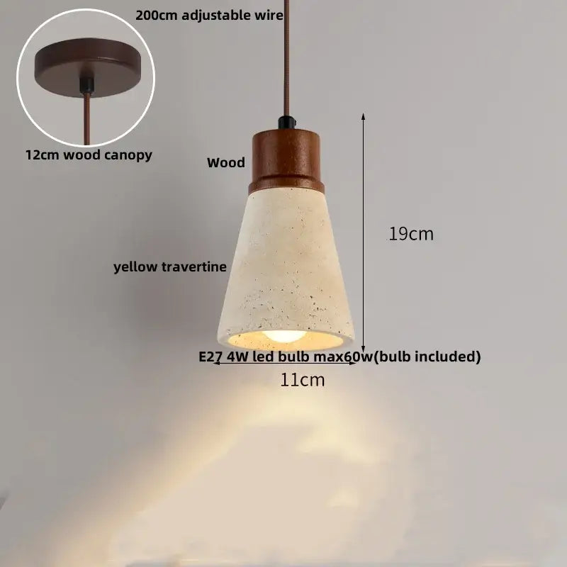 Decorbites™ led pendant light fixture with warm-toned yellow travertine shade and modern dark wood canopy