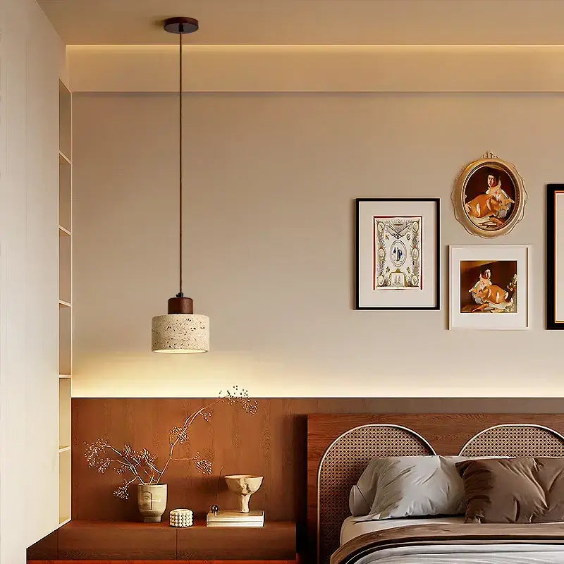 Decorbites™ pendant light fixture with a textured beige travertine shade and dark metal wood canopy for modern lighting