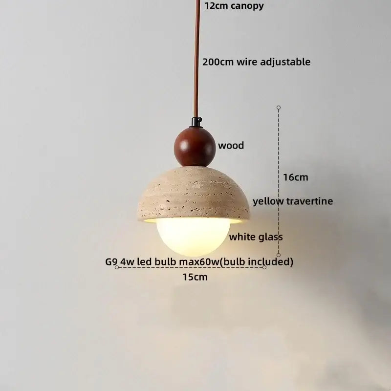 Decorbites™ modern pendant light fixture with warm yellow travertine dome and polished wood accent with white glass bulb