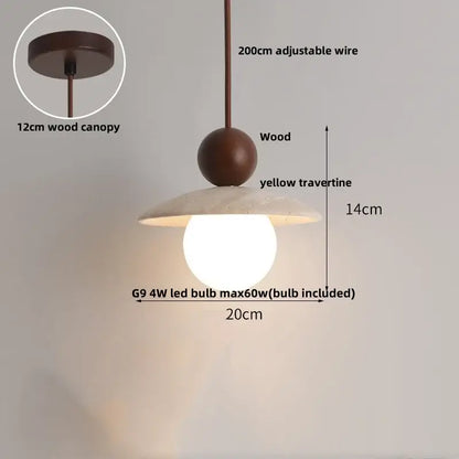 DecorBites™ modern pendant light fixture with warm brown wooden sphere and yellow travertine shade 20cm diameter