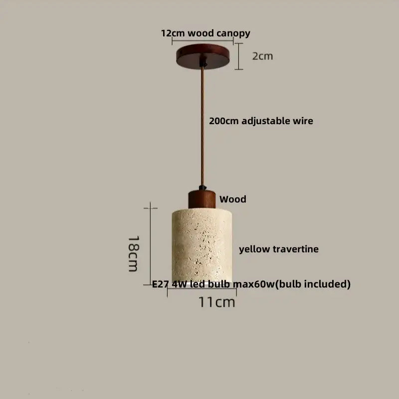 DecorBites™ yellow travertine pendant light fixture with wooden canopy and adjustable wire for modern lighting