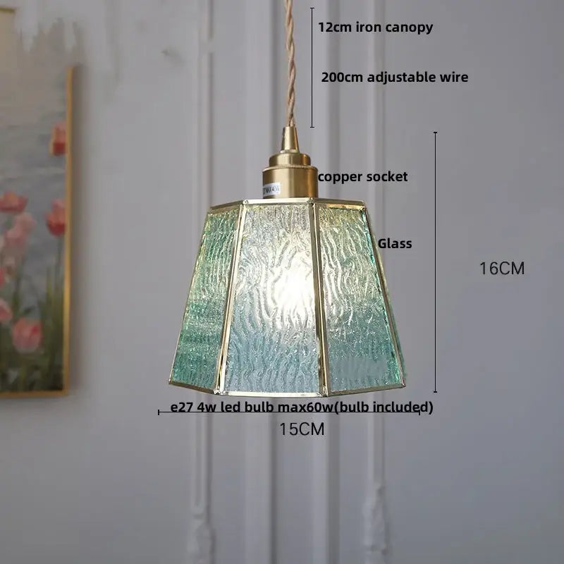 Decorbites led pendant light featuring a hexagonal glass shade with textured green blue gradient and brass edges