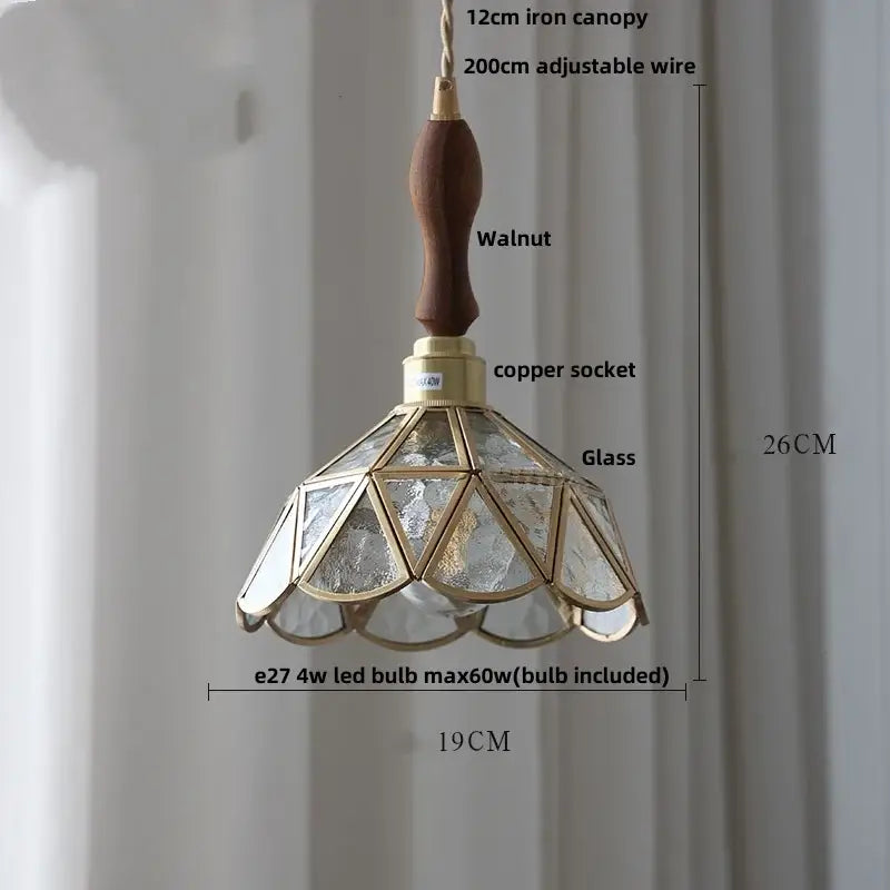 Decorbites led pendant light featuring walnut wooden handle brass accents and geometric textured glass panels for living room