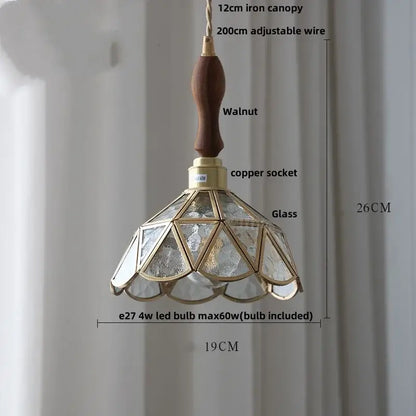 Decorbites led pendant light featuring walnut wooden handle brass accents and geometric textured glass panels for living room