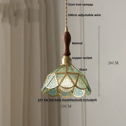 DecorBites LED pendant light fixture with walnut handle, brass accents, and teal glass panels for modern living spaces