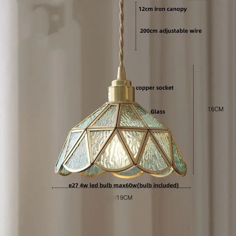 DecorBites LED pendant light with brass metal frame and textured green glass panels for modern living dining room decor