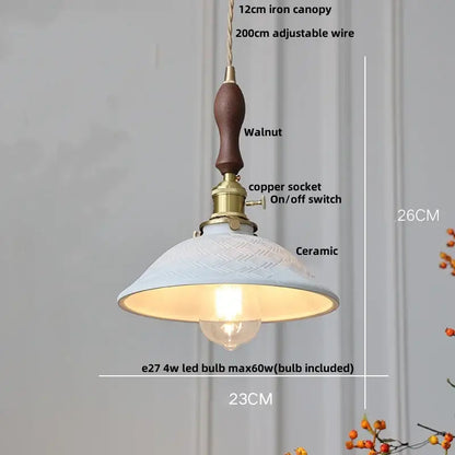 DecorBites led pendant light fixture with walnut wood iron canopy, brass copper socket, and embossed white ceramic shade