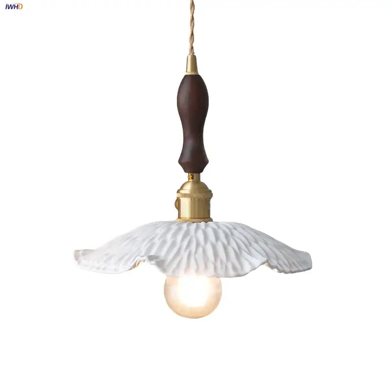 A white textured ceramic pendant light fixture with dark walnut wood handle and brass accents by DecorBites LED Pendant