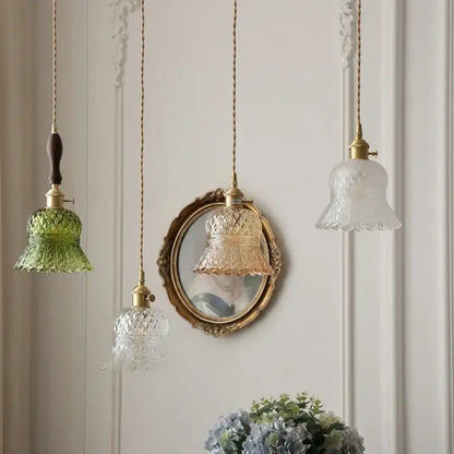 Three vintage-style decorbites led pendant lights with green, clear, and frosted glass shades and copper sockets