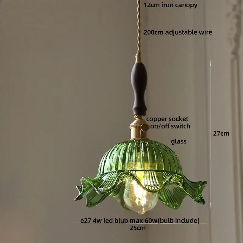 Decorbites led pendant light featuring green glass with fluted petal design and copper socket for modern decor