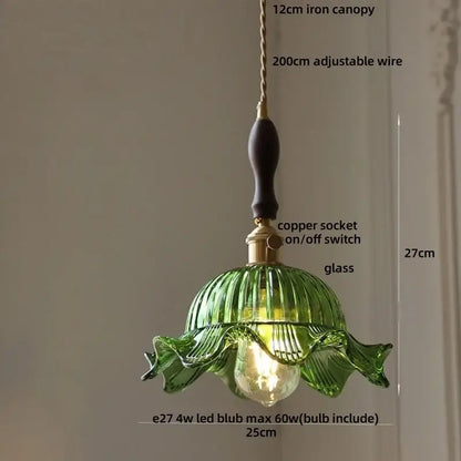 Decorbites led pendant light featuring green glass with fluted petal design and copper socket for modern decor