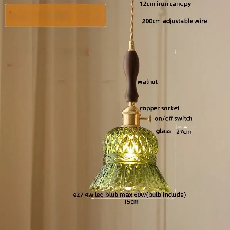 DecorBites led pendant light with green glass shade, walnut handle, and copper socket in modern nordic design