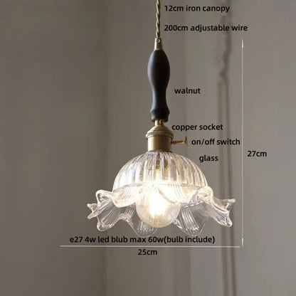DecorBites led pendant light with clear fluted glass shade and dark walnut iron canopy modern nordic design