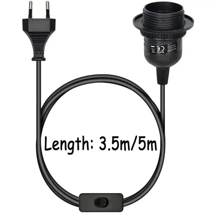Black electrical cord with two-prong plug and inline switch for decorbites led pendant light with e27 base holder