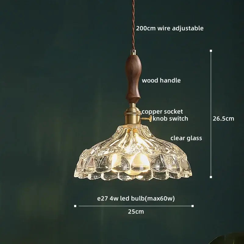 DecorBites led pendant light featuring a clear fluted glass shade and warm brass copper socket with wood handle
