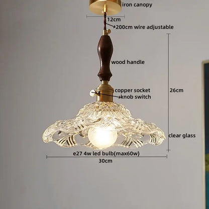 DecorBites LED pendant light with clear glass carved petal design and dark wood handle modern hanging lamp