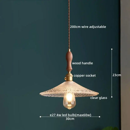 DecorBites LED pendant light with clear woven glass shade and warm wood handle modern hanging lamp