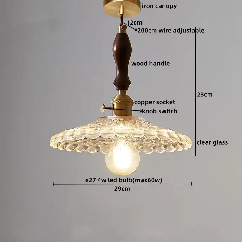 DecorBites led pendant light featuring a brass iron canopy, dark wood handle, and clear scalloped glass shade