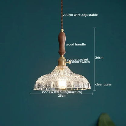 Decorbites led pendant light fixture with clear cut-glass shade wooden handle and copper socket modern pendant light