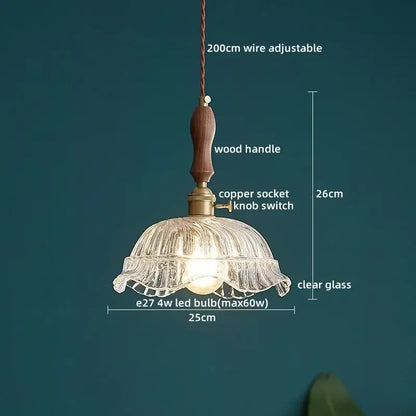 DecorBites™ led pendant light with clear glass ruffled shade and warm wood handle modern hanging lamp fixture