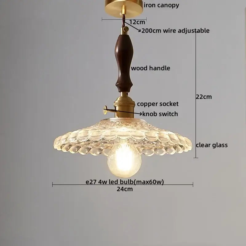 Vintage-style decorbites led pendant light with dark wood handle brass fittings and clear scalloped glass shade