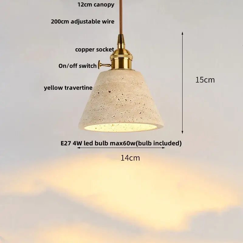 Decorbites led pendant light fixture featuring a yellow travertine cone shade with brass hardware in warm tones
