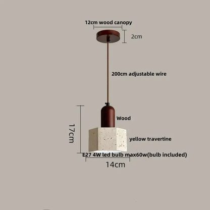 DecorBites led pendant light with yellow travertine hexagonal base, wood canopy, and adjustable wire suspension