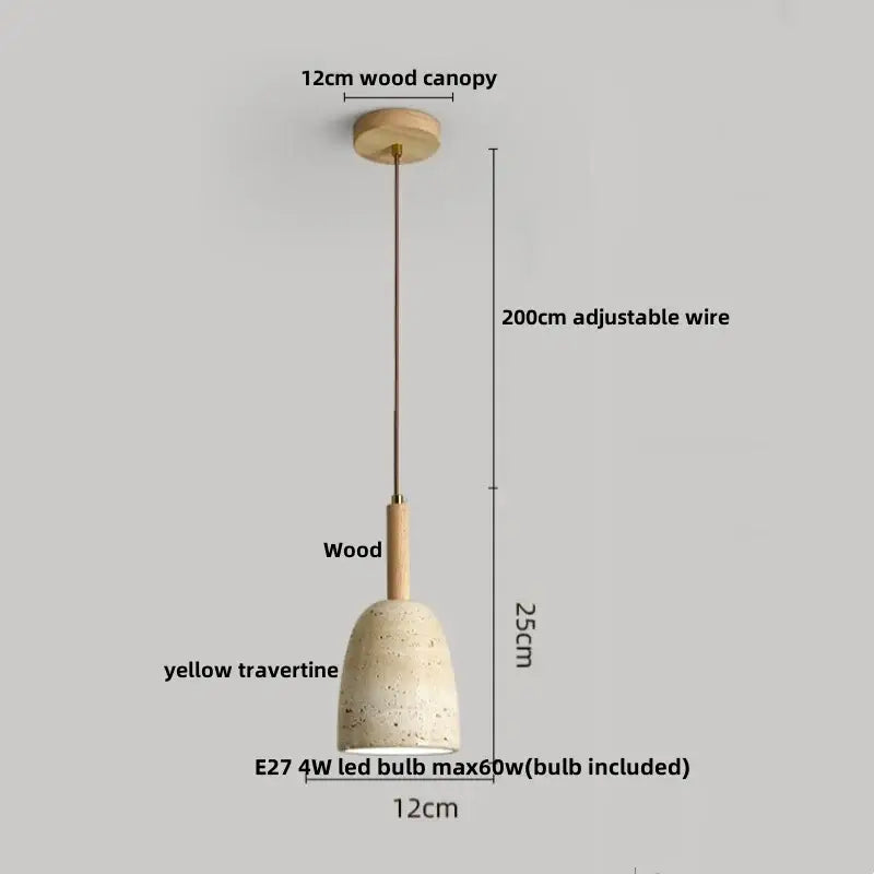 DecorBites led pendant light featuring a yellow travertine shade, wooden canopy, and adjustable 200cm wire