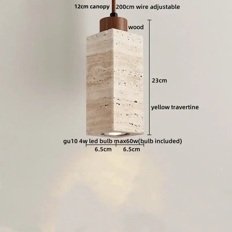 Decorbites led pendant light fixture with rectangular yellow travertine body and wooden canopy with integrated gu10 bulb