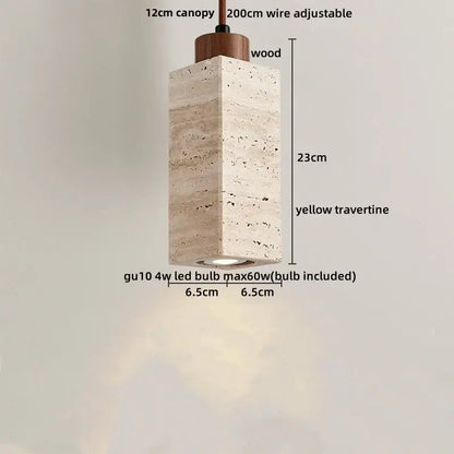 Decorbites led pendant light fixture with rectangular yellow travertine body and wooden canopy with integrated gu10 bulb