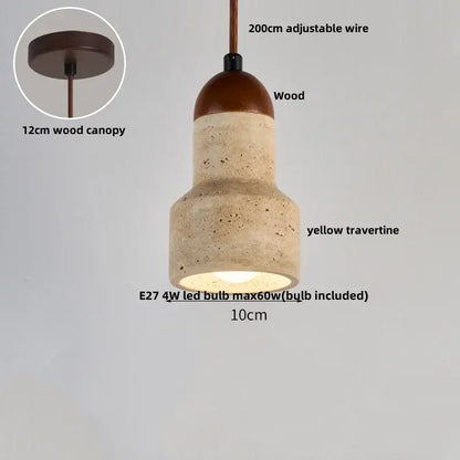 Decorbites led pendant light fixture with a warm brown wooden top and yellow travertine body suspended by adjustable wire