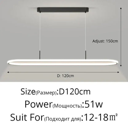 Modern black decorbites led pendant light with sleek oval diffuser emitting soft white illumination for dining table use