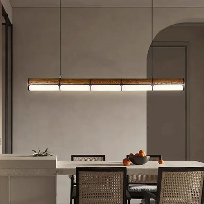Modern rectangular decorbites led pendant light with warm wood finish and sleek metal accents for living and dining rooms