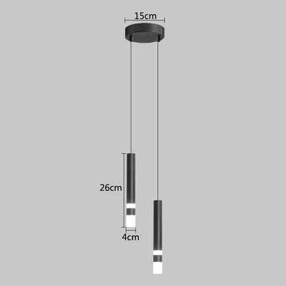 Modern black cylindrical decorbites led pendant light with two illuminated sections and circular ceiling mount for living room