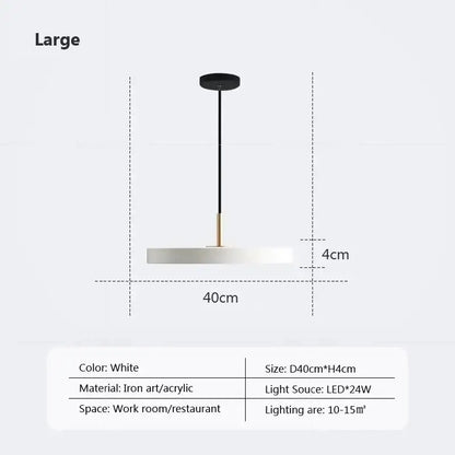 White circular decorbites led pendant light with black ceiling mount gold iron rod for indoor dining bedroom study use