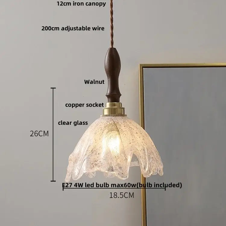 Decorbites™ led pendant light featuring a delicate white glass petal design with a walnut wood and copper socket canopy
