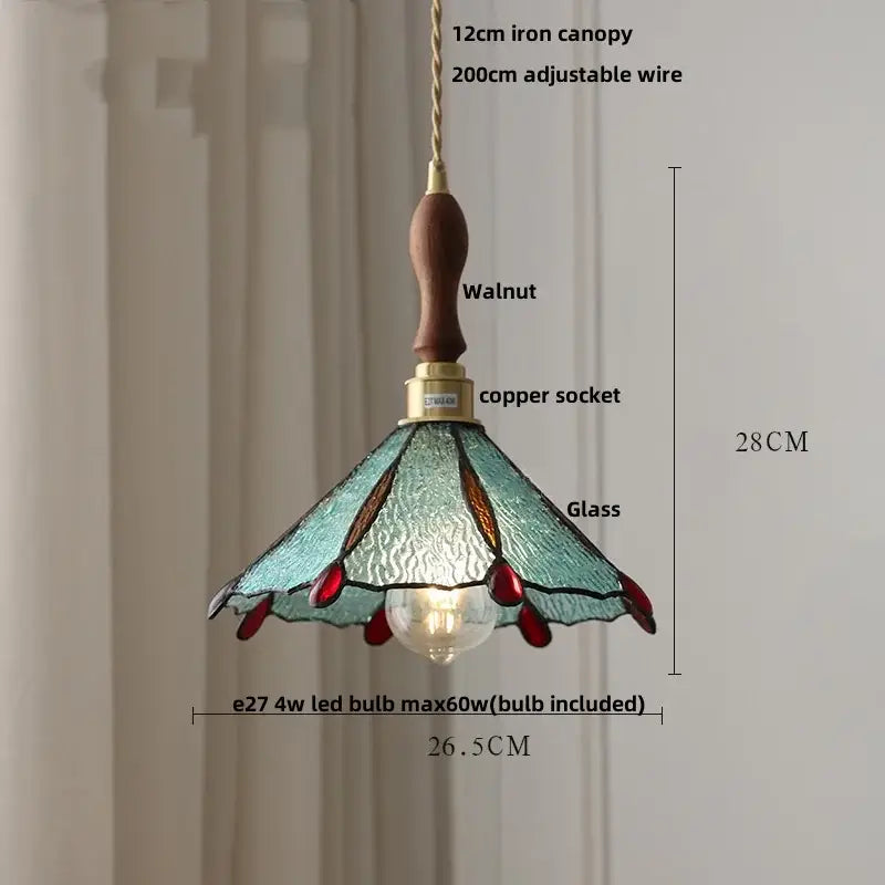 DecorBites™ led pendant light with teal and red stained glass, copper socket, and walnut-finished iron canopy
