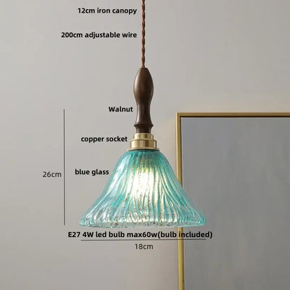 Decorbites™ led pendant light with textured blue glass shade, copper socket, and walnut-finished iron canopy in japan style
