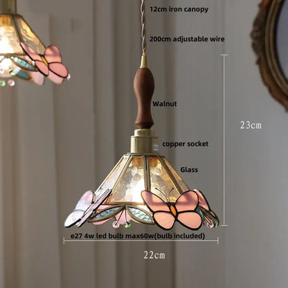 DecorBites™ led pendant light with delicate pink and gold stained glass, butterfly motifs, walnut iron canopy, and copper socket