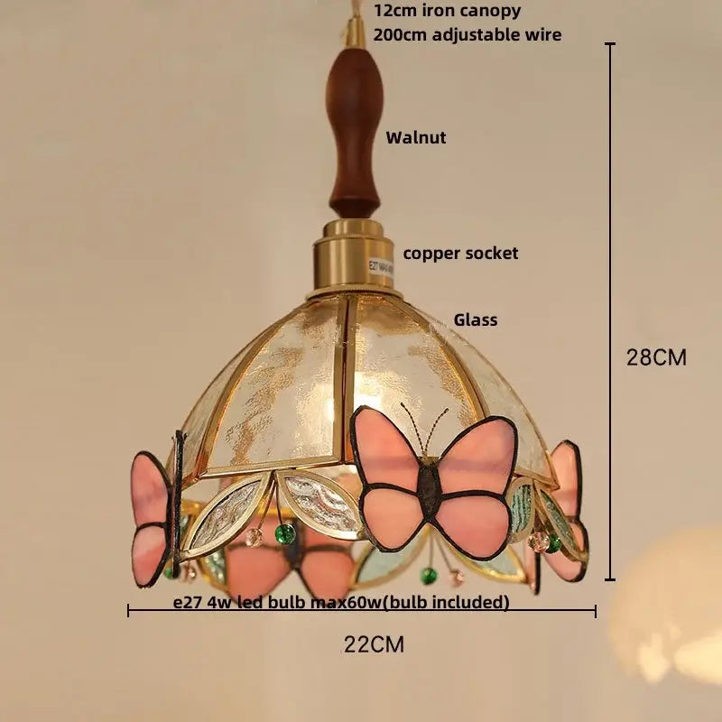 DecorBites™ led pendant light with white glass, pink green butterfly motifs, copper socket, and walnut wood canopy